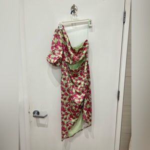 Palmas Satin Floral Cutout Asymmetrical Hem Midi Dress